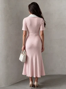 NOVVYNE Women Contrast Collar Pearl Button Knit Midi Dress Short Sleeve Elegant Mermaid Bodycon Fall Office Party Dress - Pink - View 2