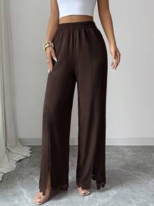 Modelyn Celana Panjang Wanita Kasual Musim Gugur/Dingin Elegan dengan Hiasan Renda, Patchwork, Belahan Bawah, Ramping, Serbaguna untuk Beraktivitas di Luar Rumah - Coffee Brown - View 7