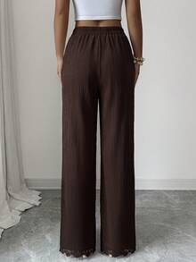 Modelyn Celana Panjang Wanita Kasual Musim Gugur/Dingin Elegan dengan Hiasan Renda, Patchwork, Belahan Bawah, Ramping, Serbaguna untuk Beraktivitas di Luar Rumah - Coffee Brown - View 3