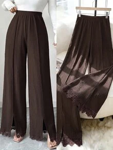 Modelyn Celana Panjang Wanita Kasual Musim Gugur/Dingin Elegan dengan Hiasan Renda, Patchwork, Belahan Bawah, Ramping, Serbaguna untuk Beraktivitas di Luar Rumah - Coffee Brown - View 2