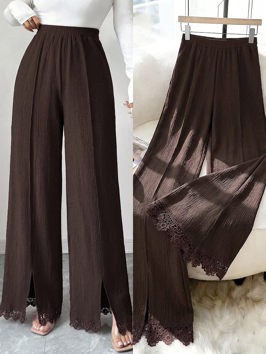 Modelyn Celana Panjang Wanita Kasual Musim Gugur/Dingin Elegan dengan Hiasan Renda, Patchwork, Belahan Bawah, Ramping, Serbaguna untuk Beraktivitas di Luar Rumah