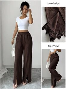 Modelyn Celana Panjang Wanita Kasual Musim Gugur/Dingin Elegan dengan Hiasan Renda, Patchwork, Belahan Bawah, Ramping, Serbaguna untuk Beraktivitas di Luar Rumah - Coffee Brown - View 10