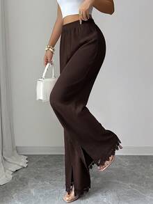 Modelyn Celana Panjang Wanita Kasual Musim Gugur/Dingin Elegan dengan Hiasan Renda, Patchwork, Belahan Bawah, Ramping, Serbaguna untuk Beraktivitas di Luar Rumah - Coffee Brown - View 4
