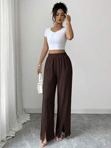 Modelyn Celana Panjang Wanita Kasual Musim Gugur/Dingin Elegan dengan Hiasan Renda, Patchwork, Belahan Bawah, Ramping, Serbaguna untuk Beraktivitas di Luar Rumah - Coffee Brown - View 9