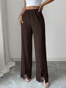 Modelyn Celana Panjang Wanita Kasual Musim Gugur/Dingin Elegan dengan Hiasan Renda, Patchwork, Belahan Bawah, Ramping, Serbaguna untuk Beraktivitas di Luar Rumah - Coffee Brown - View 8