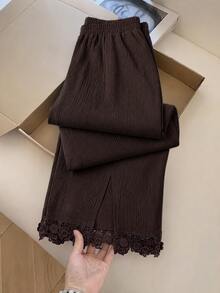 Modelyn Celana Panjang Wanita Kasual Musim Gugur/Dingin Elegan dengan Hiasan Renda, Patchwork, Belahan Bawah, Ramping, Serbaguna untuk Beraktivitas di Luar Rumah - Coffee Brown - View 11