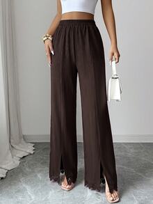 Modelyn Celana Panjang Wanita Kasual Musim Gugur/Dingin Elegan dengan Hiasan Renda, Patchwork, Belahan Bawah, Ramping, Serbaguna untuk Beraktivitas di Luar Rumah - Coffee Brown - View 5