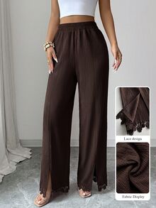 Modelyn Celana Panjang Wanita Kasual Musim Gugur/Dingin Elegan dengan Hiasan Renda, Patchwork, Belahan Bawah, Ramping, Serbaguna untuk Beraktivitas di Luar Rumah - Coffee Brown - View 6