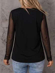 EMERY ROSE Camiseta de malla con cuello en V y contraste de talla grande - Negro - Ver 2