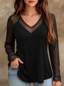 EMERY ROSE Camiseta de malla con cuello en V y contraste de talla grande - Negro - Ver 1