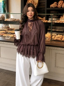 Vionelle Plus Size Solid Color Sheer Lace Patchwork Raglan Sleeve Tie Design Women's Blouse - Brown - View 3