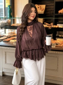 Vionelle Plus Size Solid Color Sheer Lace Patchwork Raglan Sleeve Tie Design Women's Blouse - Brown - View 5