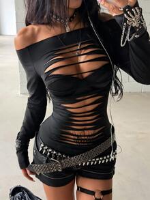 StreetHx Women's Autumn/Winter Black Open Shoulder Multi-Striped Burnout Y2K Grunge Goth Dark Gothic Halloween2000s Long SleeveT-Shirt Night Out Rave - Black - View 6