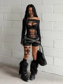 StreetHx Women's Autumn/Winter Black Open Shoulder Multi-Striped Burnout Y2K Grunge Goth Dark Gothic Halloween2000s Long SleeveT-Shirt Night Out Rave - Black - View 3