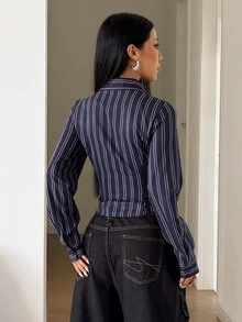StreetHx Navy Blue Long Sleeve Pocket Ruched Waist Women's Blouse Club Night Out Autumn Sexy - Navy Blue - View 2