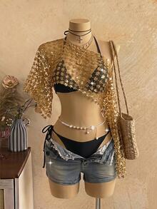 EgrlEra Women's Party Top, Sexy Sheer Sequins , Asymmetric Design, Suitable For Music Festival, Carnival Party - Gold - View 3
