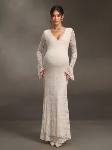 Cheriluna Maternity 杏色優雅秋季蕾絲荷葉邊孕婦洋裝，長袖婚禮賓客禮服，輕奢風生日、海灘休閒度假穿搭 - 杏色 - 查看 3