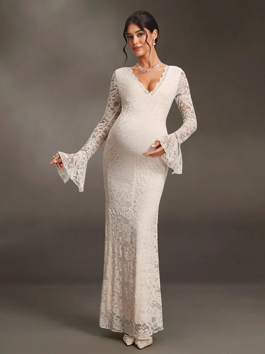 Cheriluna Maternity 杏色優雅秋季蕾絲荷葉邊孕婦洋裝,長袖婚禮賓客禮服,輕奢風生日、海灘休閒度假穿搭 - 杏色 - 查看 1