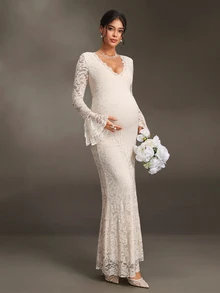 Cheriluna Maternity 杏色優雅秋季蕾絲荷葉邊孕婦洋裝，長袖婚禮賓客禮服，輕奢風生日、海灘休閒度假穿搭 - 杏色 - 查看 4