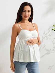 SHEIN 白色鏤空刺繡細肩帶背心上衣，孕婦裝，抓皺設計，寬鬆版型遮肚，清新青春，休閒性感日常孕婦背心 - 白色 - 查看 5