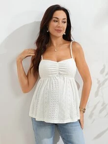 SHEIN 白色鏤空刺繡細肩帶背心上衣，孕婦裝，抓皺設計，寬鬆版型遮肚，清新青春，休閒性感日常孕婦背心 - 白色 - 查看 3