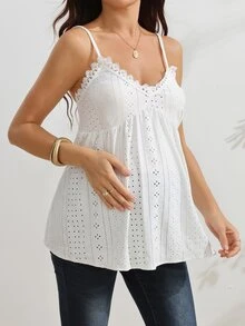 SHEIN Maternity Summer Casual Solid Color Lace Trim Camisole - White - View 3
