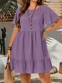 EMERY ROSE Plus Size Vacation Casual Solid Color Short Sleeve Dress,Summer Outfits For Women,Easter Women,Bohemia,Rave Outfit Curve,,Country Concert - Dusty Purple - View 1
