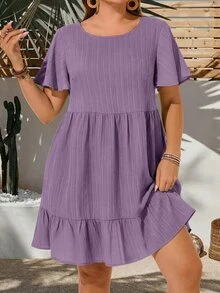 EMERY ROSE Plus Size Vacation Casual Solid Color Short Sleeve Dress,Summer Outfits For Women,Easter Women,Bohemia,Rave Outfit Curve,,Country Concert - Dusty Purple - View 6