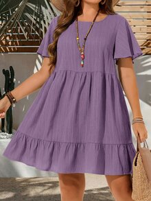 EMERY ROSE Plus Size Vacation Casual Solid Color Short Sleeve Dress,Summer Outfits For Women,Easter Women,Bohemia,Rave Outfit Curve,,Country Concert - Dusty Purple - View 4