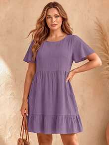 EMERY ROSE Plus Size Vacation Casual Solid Color Short Sleeve Dress,Summer Outfits For Women,Easter Women,Bohemia,Rave Outfit Curve,,Country Concert - Dusty Purple - View 3