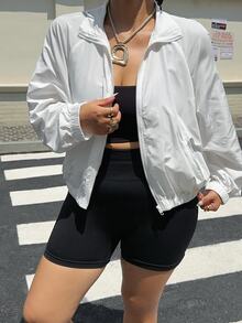Muchica Plus Size Women's Solid Color Raglan Sleeve Zip Front Casual Jacket Fall - White - View 7