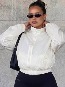 Muchica Plus Size Women's Solid Color Raglan Sleeve Zip Front Casual Jacket Fall - White - View 5