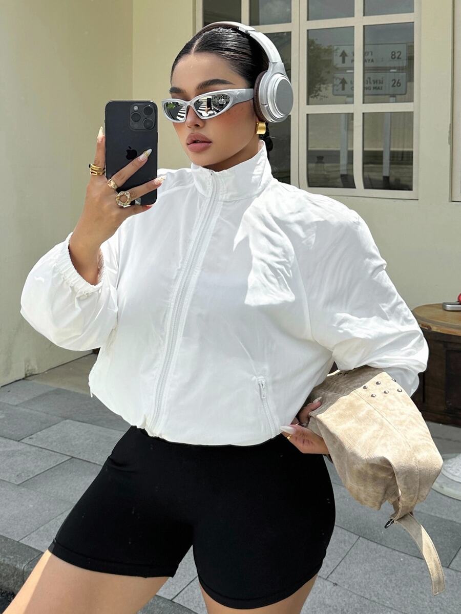 Muchica Plus Size Women's Solid Color Raglan Sleeve Zip Front Casual Jacket Fall - White - View 1
