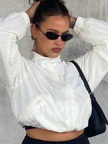 Muchica Plus Size Women's Solid Color Raglan Sleeve Zip Front Casual Jacket Fall - White - View 4