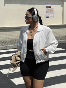 Muchica Plus Size Women's Solid Color Raglan Sleeve Zip Front Casual Jacket Fall - White - View 6
