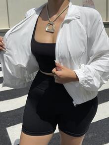 Muchica Plus Size Women's Solid Color Raglan Sleeve Zip Front Casual Jacket Fall - White - View 9