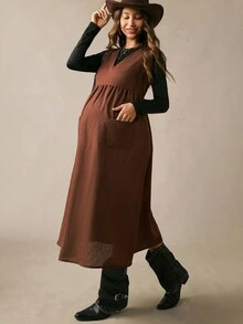 Boho Mama 2pcs Maternity Set: Solid Color Round Neck Long Sleeve Top And V-Neck Pocket Pleated Dress Fall Country Western - Multicolor - View 6