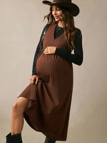Boho Mama 2pcs Maternity Set: Solid Color Round Neck Long Sleeve Top And V-Neck Pocket Pleated Dress Fall Country Western - Multicolor - View 2