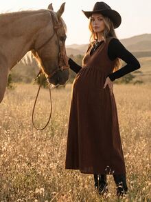 Boho Mama 2pcs Maternity Set: Solid Color Round Neck Long Sleeve Top And V-Neck Pocket Pleated Dress Fall Country Western - Multicolor - View 1