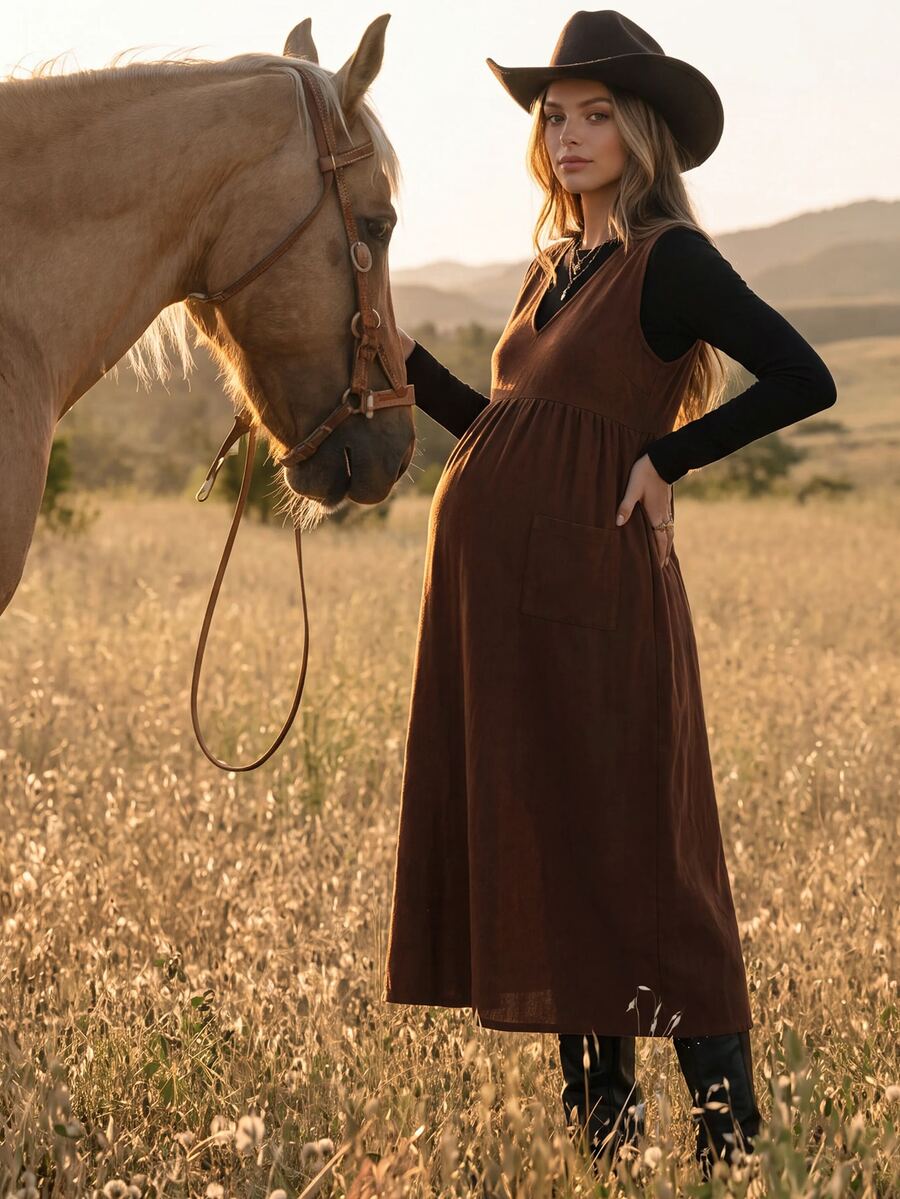 Boho Mama 2pcs Maternity Set: Solid Color Round Neck Long Sleeve Top And V-Neck Pocket Pleated Dress Fall Country Western - Multicolor - View 1