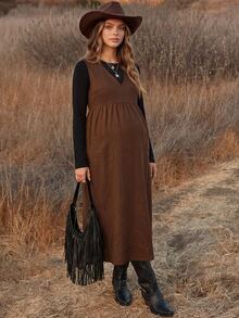 Boho Mama 2pcs Maternity Set: Solid Color Round Neck Long Sleeve Top And V-Neck Pocket Pleated Dress Fall Country Western - Multicolor - View 3