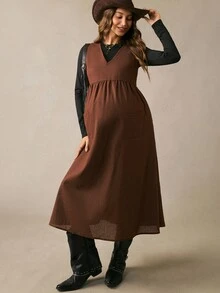 Boho Mama 2pcs Maternity Set: Solid Color Round Neck Long Sleeve Top And V-Neck Pocket Pleated Dress Fall Country Western - Multicolor - View 7