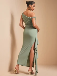 MaterniChic Maternity Solid Color Asymmetrical Shoulder Ruffle Hem Casual Party Photoshoot Dress Wedding Sage Green Summer - Green - View 3