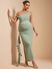 MaterniChic Maternity Solid Color Asymmetrical Shoulder Ruffle Hem Casual Party Photoshoot Dress Wedding Sage Green Summer - Green - View 9