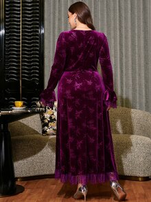 Reflora Plus Size Women Lace Patchwork V-Neck Slit Design Pleated Party Dress Fall - Brown - View 2