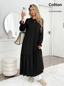Easowa Women's Solid Color Round Neck Ruffle Cuff Casual Loose Fit Dress Brunch Black Autumn - Black - View 5