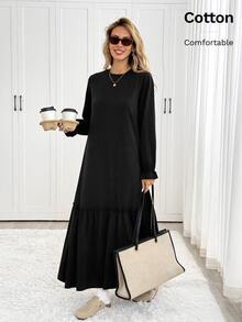 Easowa Women's Solid Color Round Neck Ruffle Cuff Casual Loose Fit Dress Brunch Black Autumn - Black - View 2