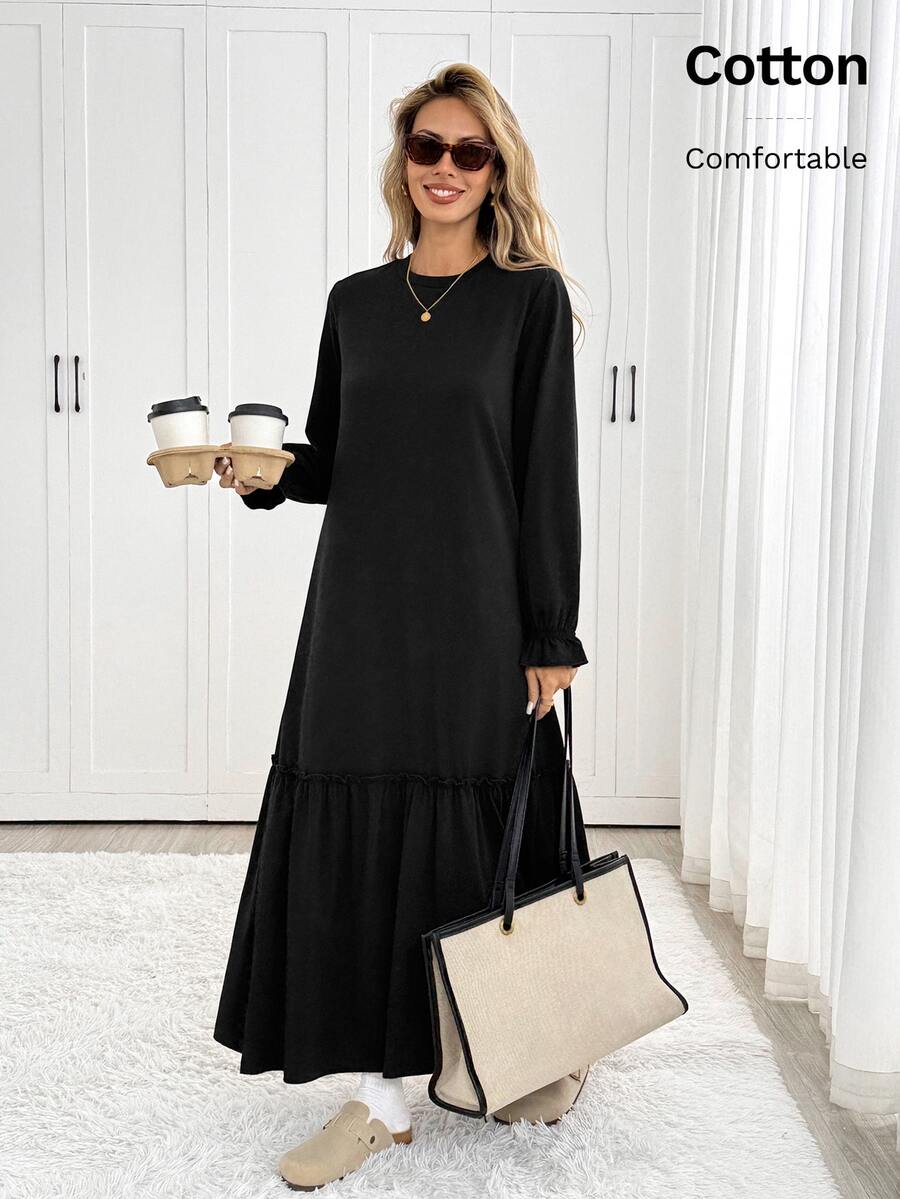 Easowa Women's Solid Color Round Neck Ruffle Cuff Casual Loose Fit Dress Brunch Black Autumn