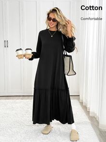 Easowa Women's Solid Color Round Neck Ruffle Cuff Casual Loose Fit Dress Brunch Black Autumn - Black - View 3