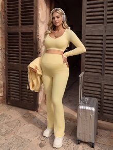 Lyckli Maternity Solid Color Long Sleeve Cropped T-Shirt And Leggings Sports Set Fall - Yellow - View 4